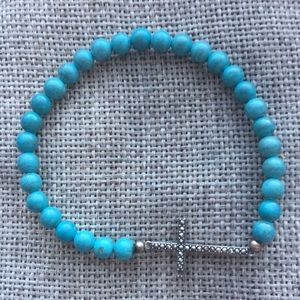 925 Sterling Silver Marcasite Turquoise Stretch Bead Bracelet Christian Cross